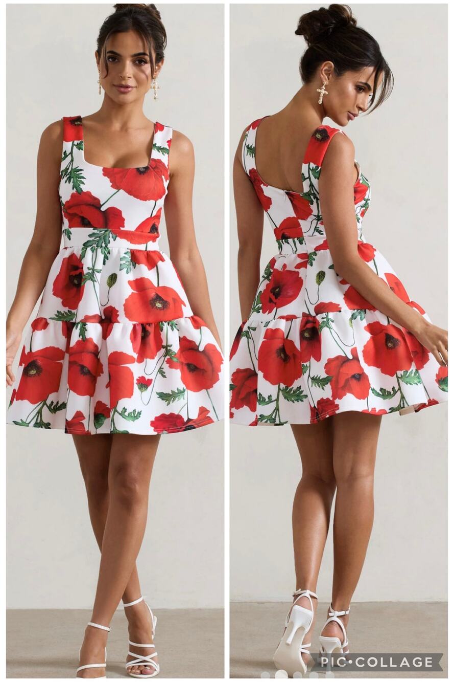 NEW Club L London ALIA Poppy Print Scoop-Neck Tiered Volume Hem Mini Dress US 4